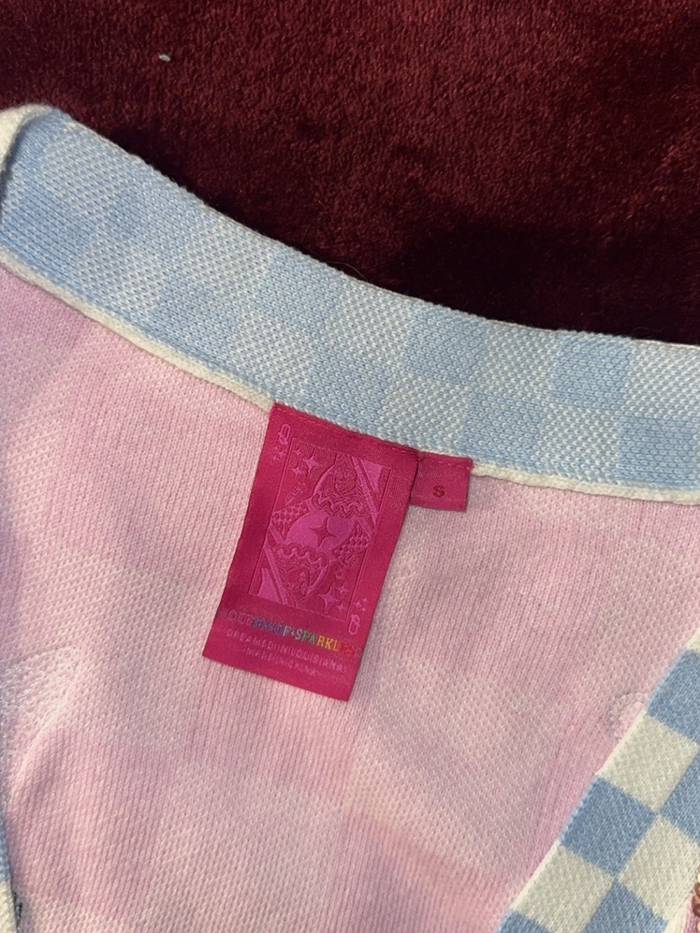 QUEEN OF SPARKLES Pink & Light Blue Check Trim Top - Picture 3 of 5